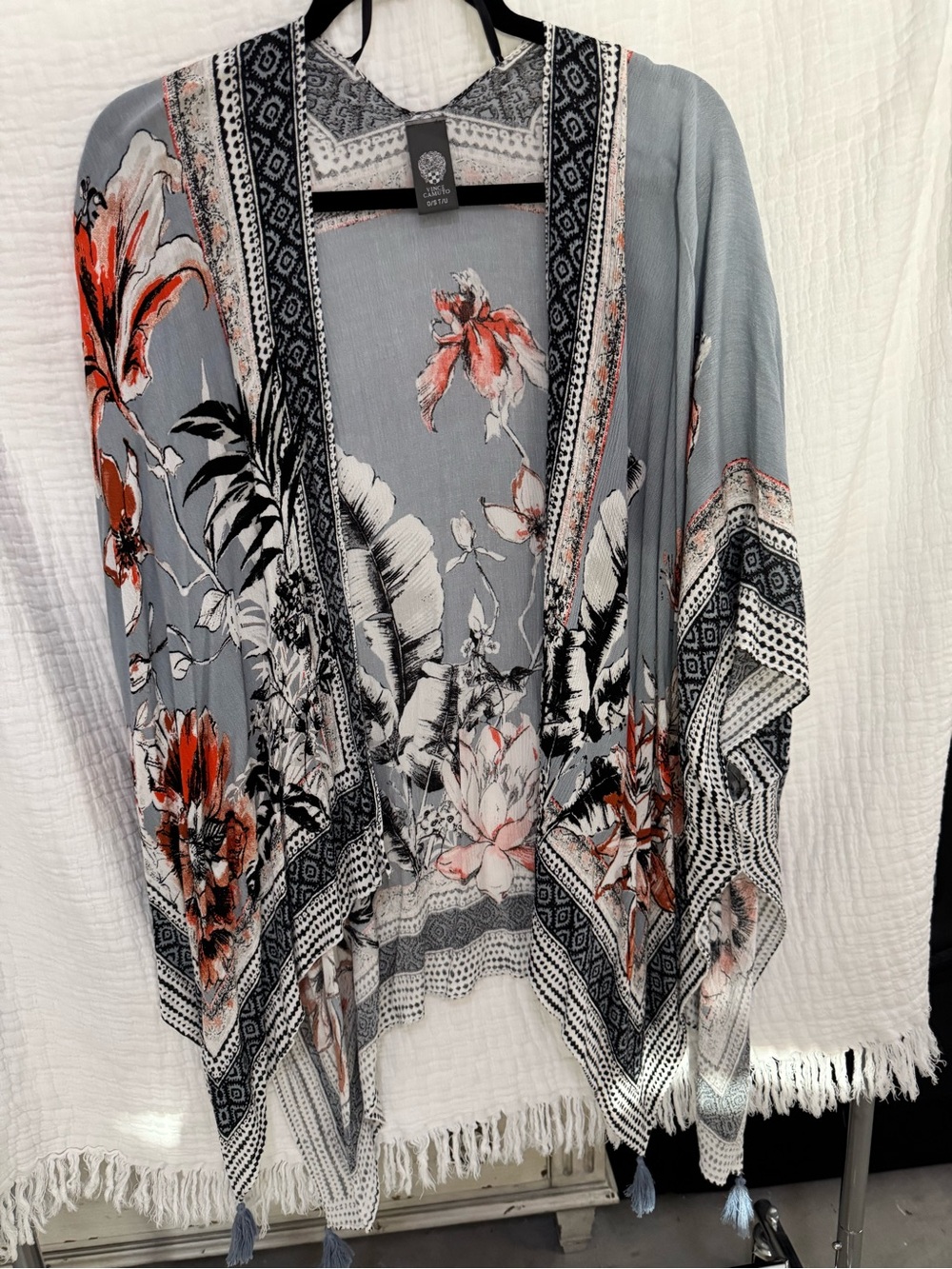 Gray ,Multi Floral Kimono with Coral Accents